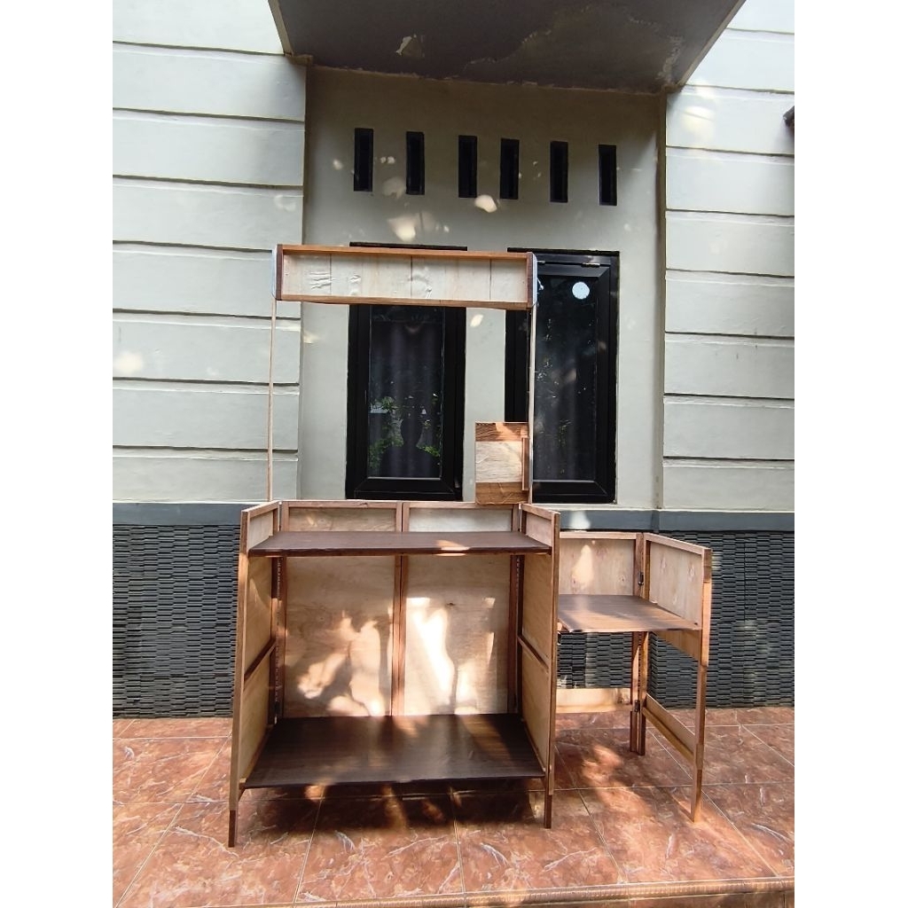 booth portable/meja lipat 2 tatakan +1tungku (sticker warna) bahan kayu