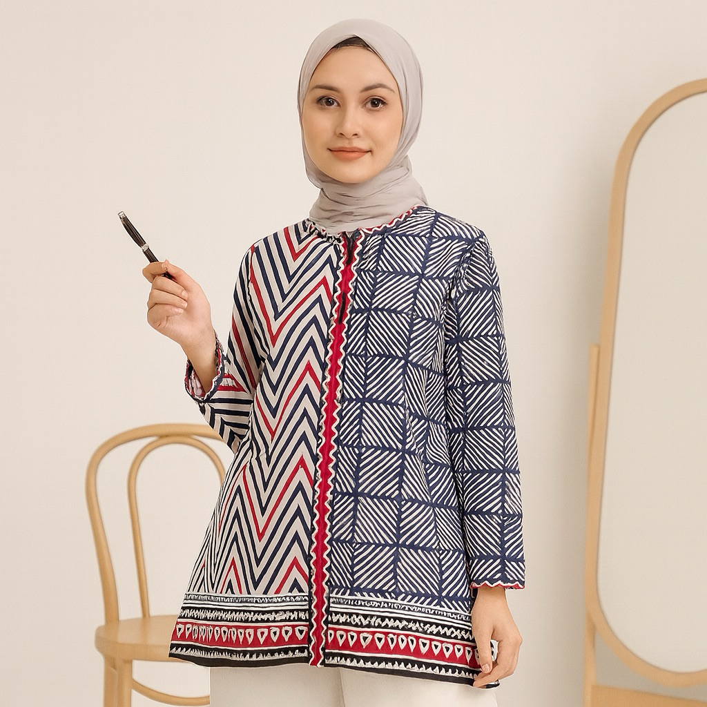 Atasan Batik Wanita Kerja Motif Iwan Tirta – Blouse Batik Modern Resleting Depan Elegan Busui Friend