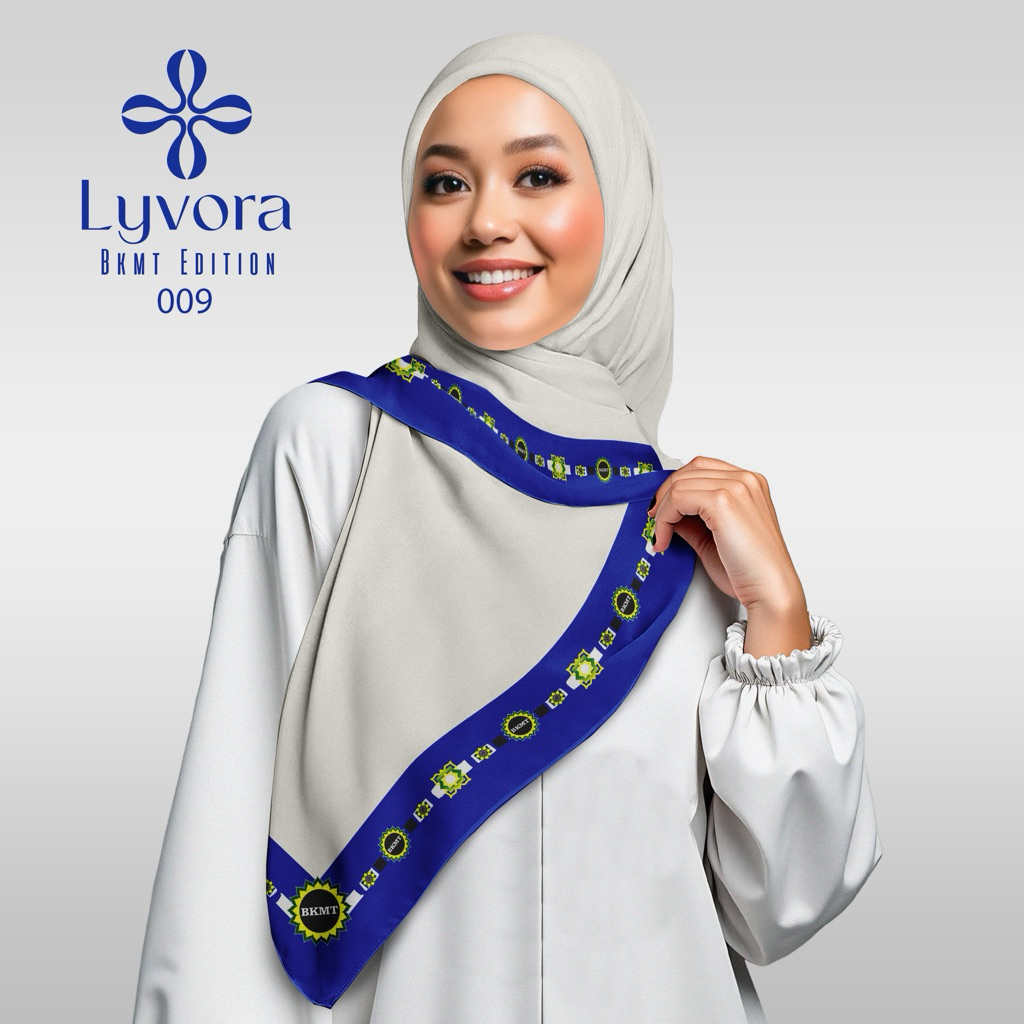 Jilbab BKMT - 009 Putih Biru - Hijab Voal Premium Lyvora – Segi Empat Adem, Laser Cut, Zipper Bag