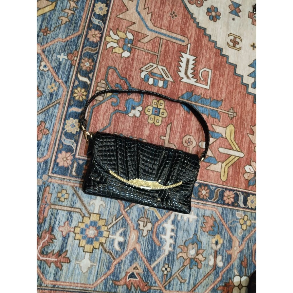 Tas Pesta Preloved Clutch / Shoulder Bag Kulit Motif Croco Hitam