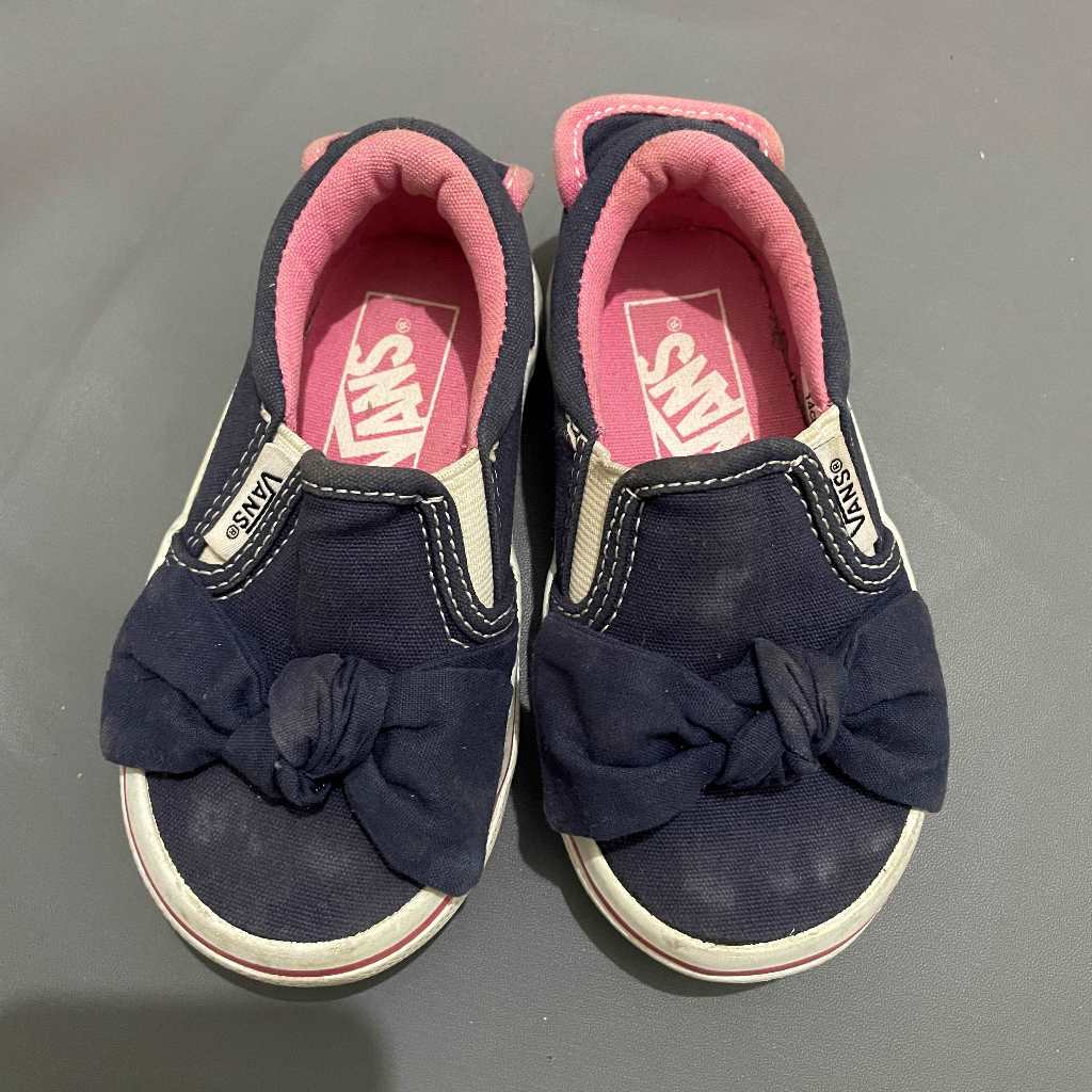 ANAK K446 (VANS ORI, PRELOVED) Sepatu Ribbon Pita Sneakers Slip On Low Navy Putih Pink Infant Toddle