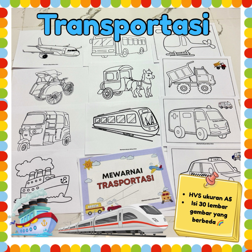 30 Lembar Mewarnai Transportasi, Ukuran A5 80gsm, Gambar bervariasi, Coloring worksheet, Worksheet m