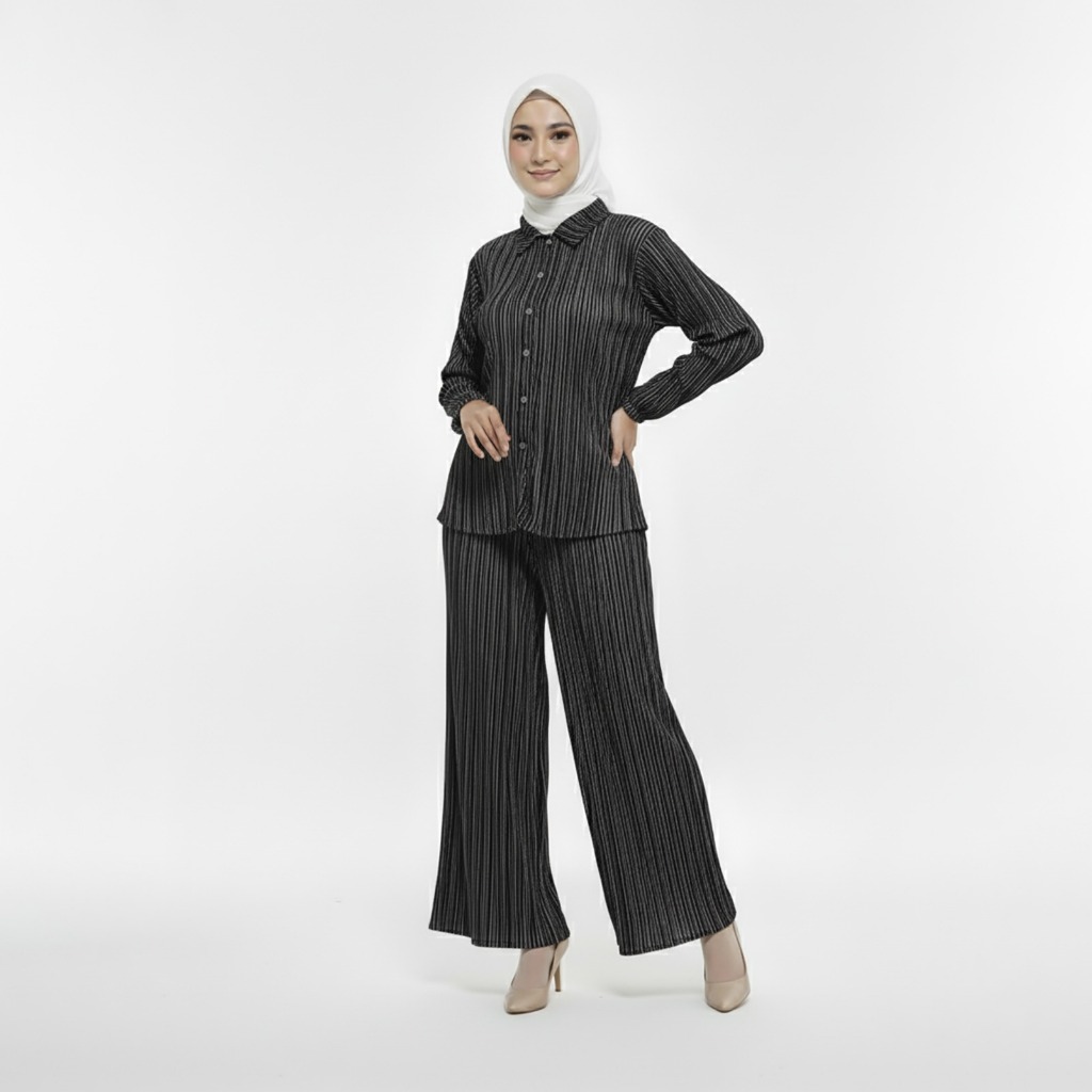 Dayli One Set Nagita Knit Premium Setelan Kemeja Wanita Terbaru Motif Salur Kekinian