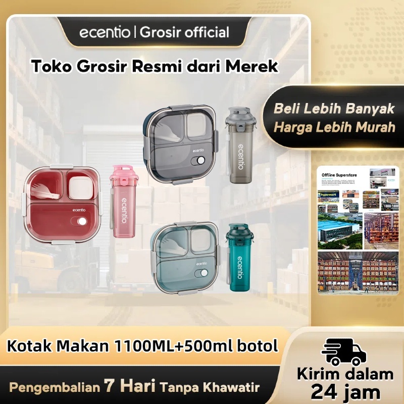 [Gratis botol] ecentio lunch box set anti tumpah 3 sekat 1100ml+100ml dengan kotak sup botol minum s