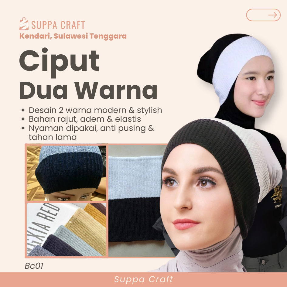 Ciput Rajut 2 Warna (Bc01) : Bandana Hijab Twotone Elastis Tebal Anti Pusing Nyaman Dipakai