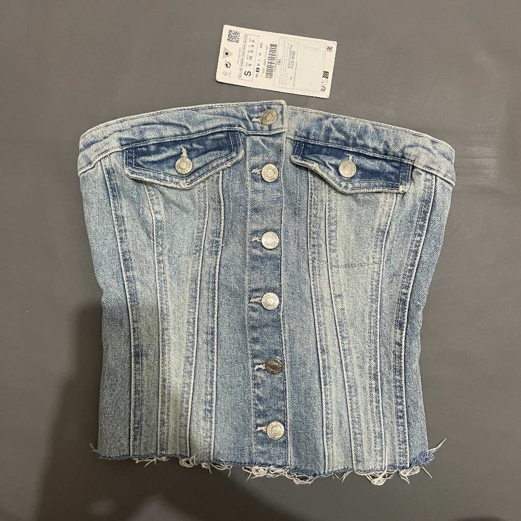 DEWASA A047 (ZARA ORI, PRELOVED) Baju Atasan Denim Top Jeans TRF Corsetry Inspired Top Korset Kemben
