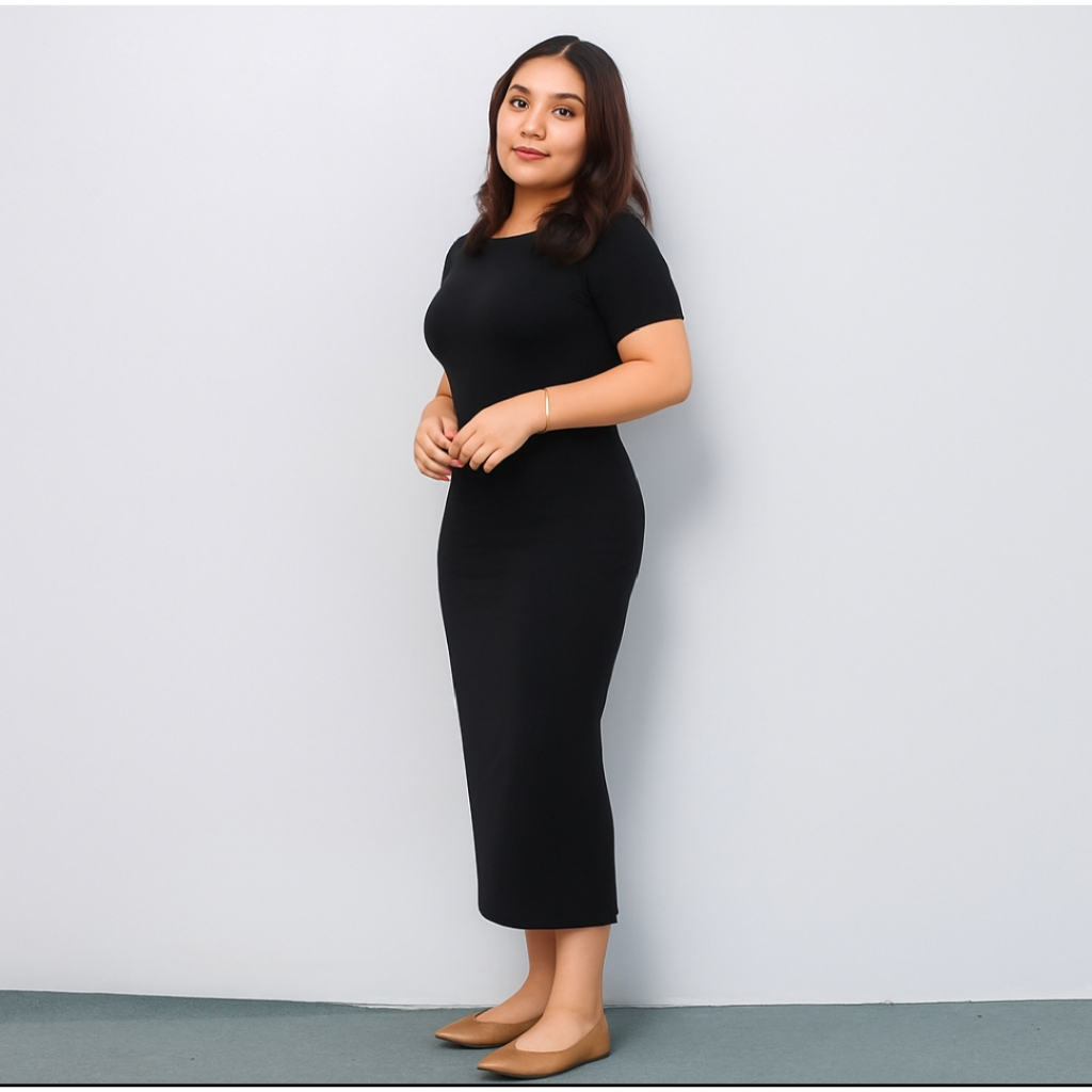 MANGO - Long Dress Hitam | dress Hitam Polos | dress wanita bahan kaos