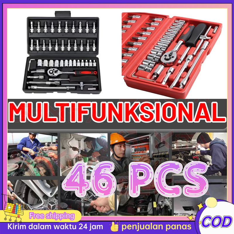 Kunci Shock Set 46 PCS Full Set (1/4 ") Pas Ring L Motor Kunci / Kunci Set Lengkap / Kunci Ring Pas 
