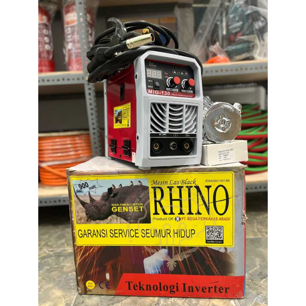 MESIN LAS DUA FUNGSI MIG MMA 130A 900WAAT RHINO KOMPLIT MI 130AMPERE 1 PHASE