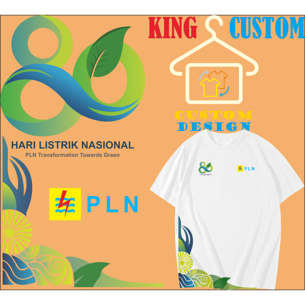 Kaos HUT PLN 80 tahun dewasa dan anak