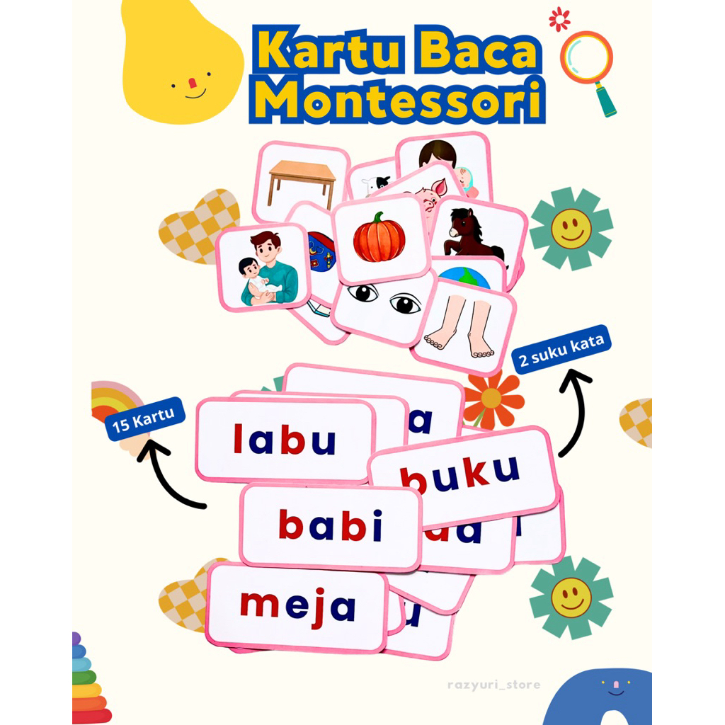 Mainan Edukasi Kartu Baca Montessori/Kartu Baca Gambar/Kartu Baca Dua Suku Kata