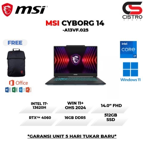 MSI CYBORG 14 I7 13620H RTX4060 8GB/ 16GB 512GB W11+OHS 14.0FHD+ 144HZ 100SRGB BLIT BLK -A13VF.025