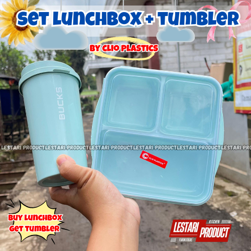 1 SET LUNCHBOX CLIO 3 SEKAT + TUMBLER BUCKS | LUNCHBOX PLASTIK 3 SEKAT | TUMBLER PLASTIK | BOTOL MIN