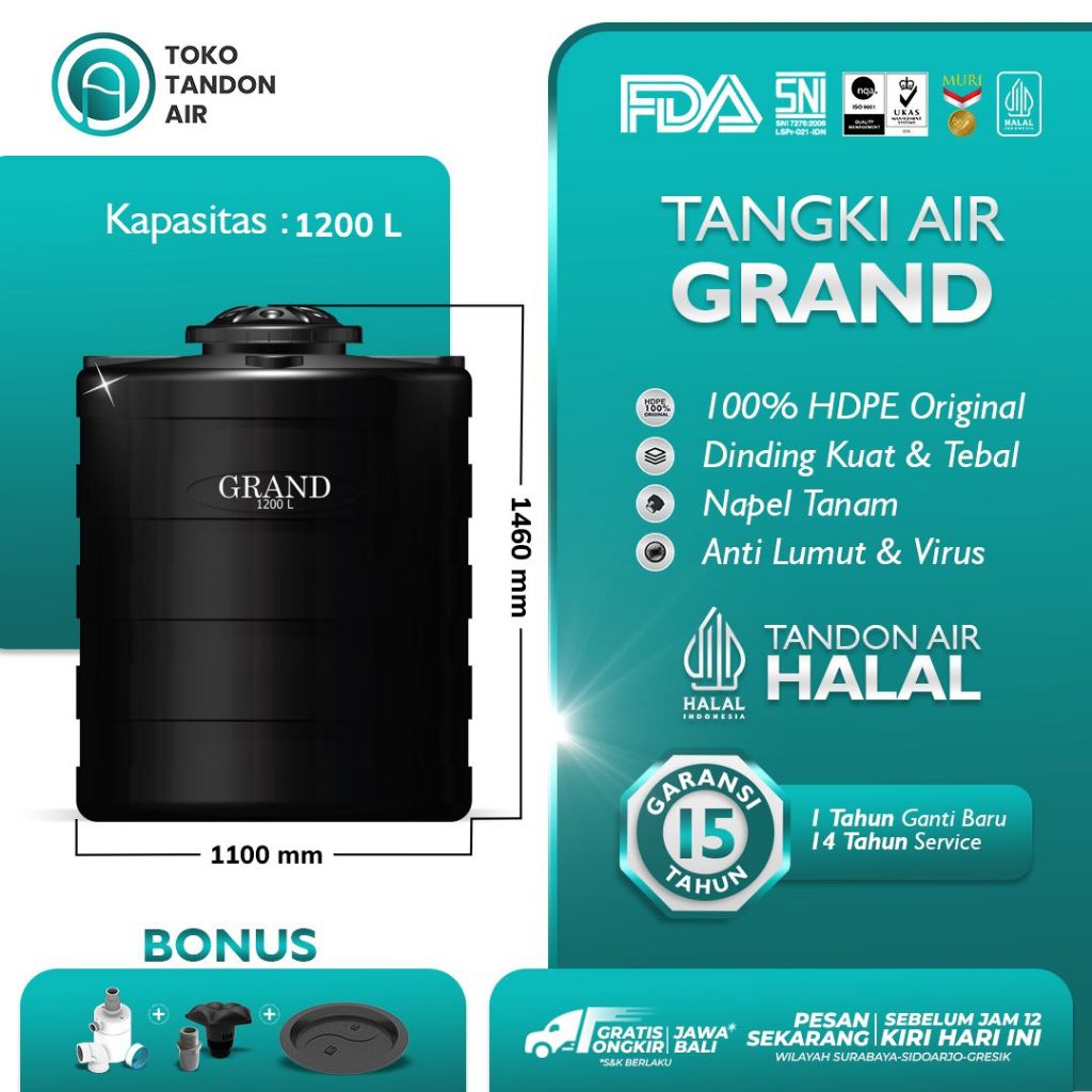 Grand Tandon | Toren | Tangki Air 1200 Liter Anti Lumut - Garansi Resmi 15 Tahun (GBL1200H)