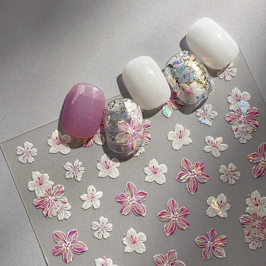 Nail Sticker 5d shell chrome motif bunga sakura pink