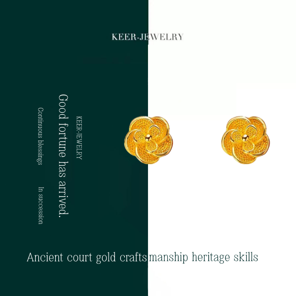 KEER-JEWELRY[Asli*Perhiasan Emas Murni][1.3Gram]Rose small flower stud earrings for women, 17K gold,