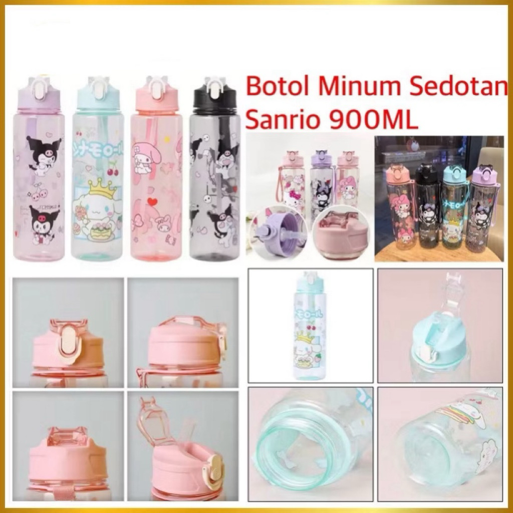 Botol Minum Anak Sanrio Lucu 900ml Botol Minum + Sedotan Bening Dengan Tali Tangan BPA Free