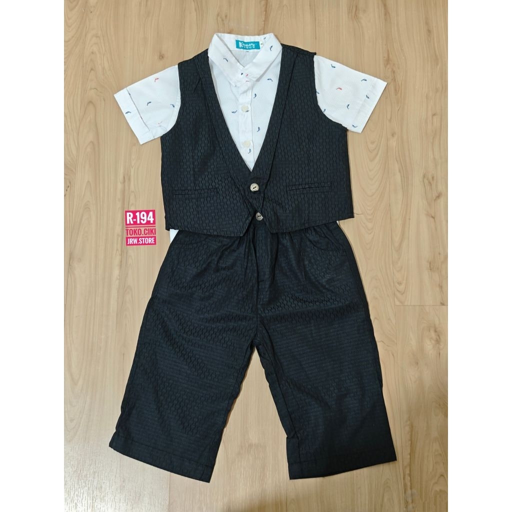 NEW BARU BAJU SETELAN ONE SET KEMEJA ROMPI CELANA PANJANG HITAM BLACK ANAK COWO LAKI (R-194)