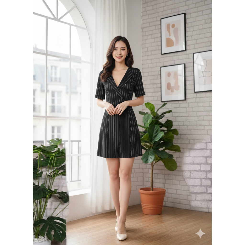 ZALORA JUMPSUIT BLAZER WANITA HITAM GARIS PUTIH