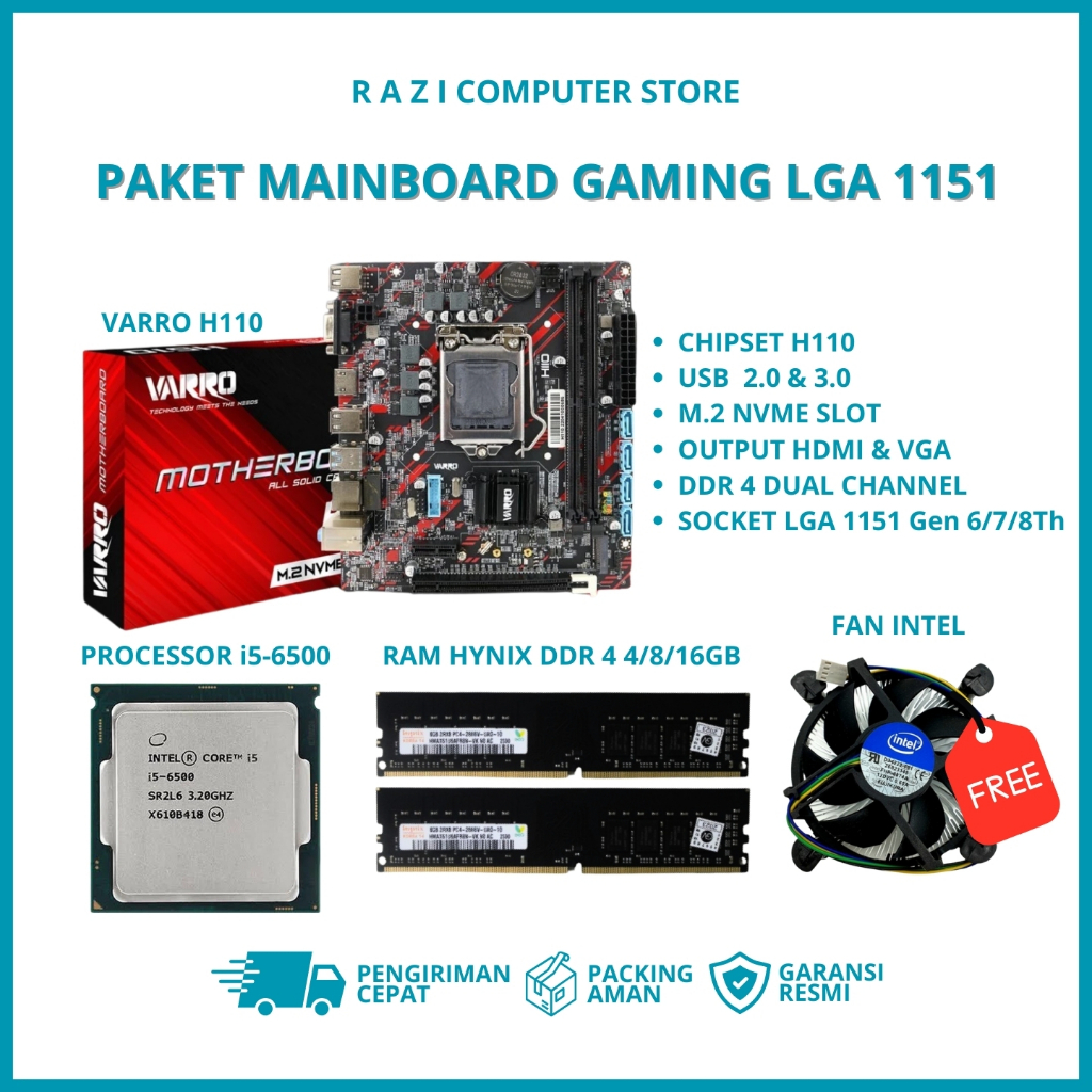 Paket Motherboard Varro H110 - Socket LGA 1151 Ram DDR4 Mainboard H110  / Processor Intel Core i3 61