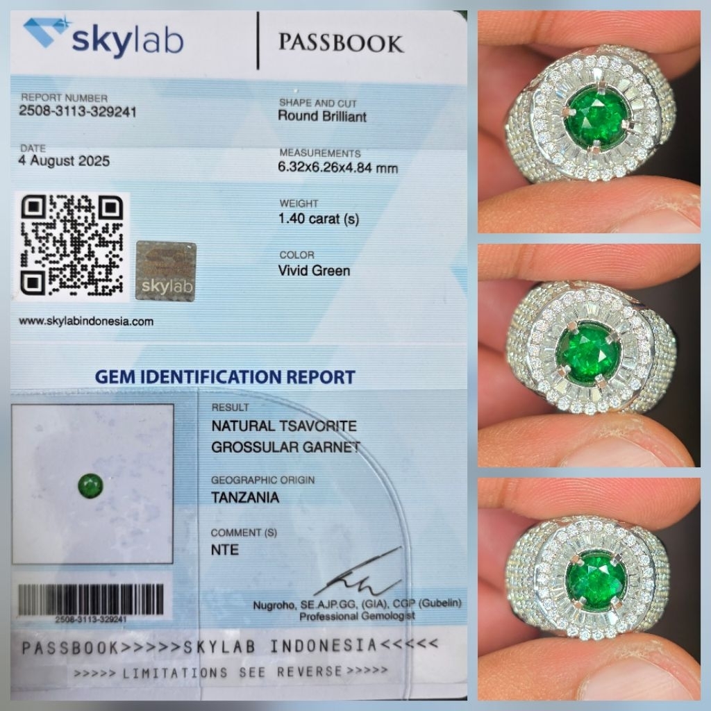 Batu Natural HQ Vivid Green Tsavorite Garnet Sertifikat 1.40 crt