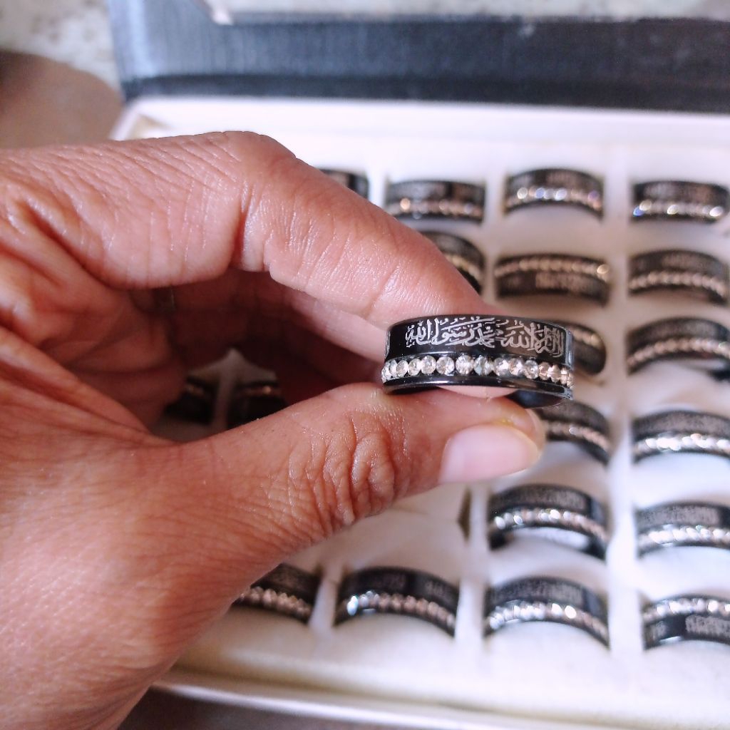 Cincin Titanium Hitam Permata Lafadz Tauhid