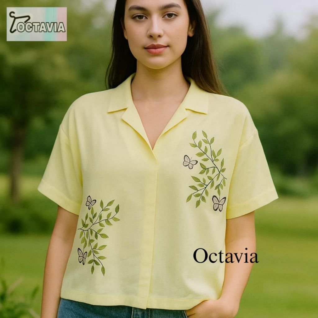 Blouse Kuning Wanita Bahan Katun Oxford Motif Kupu Kupu