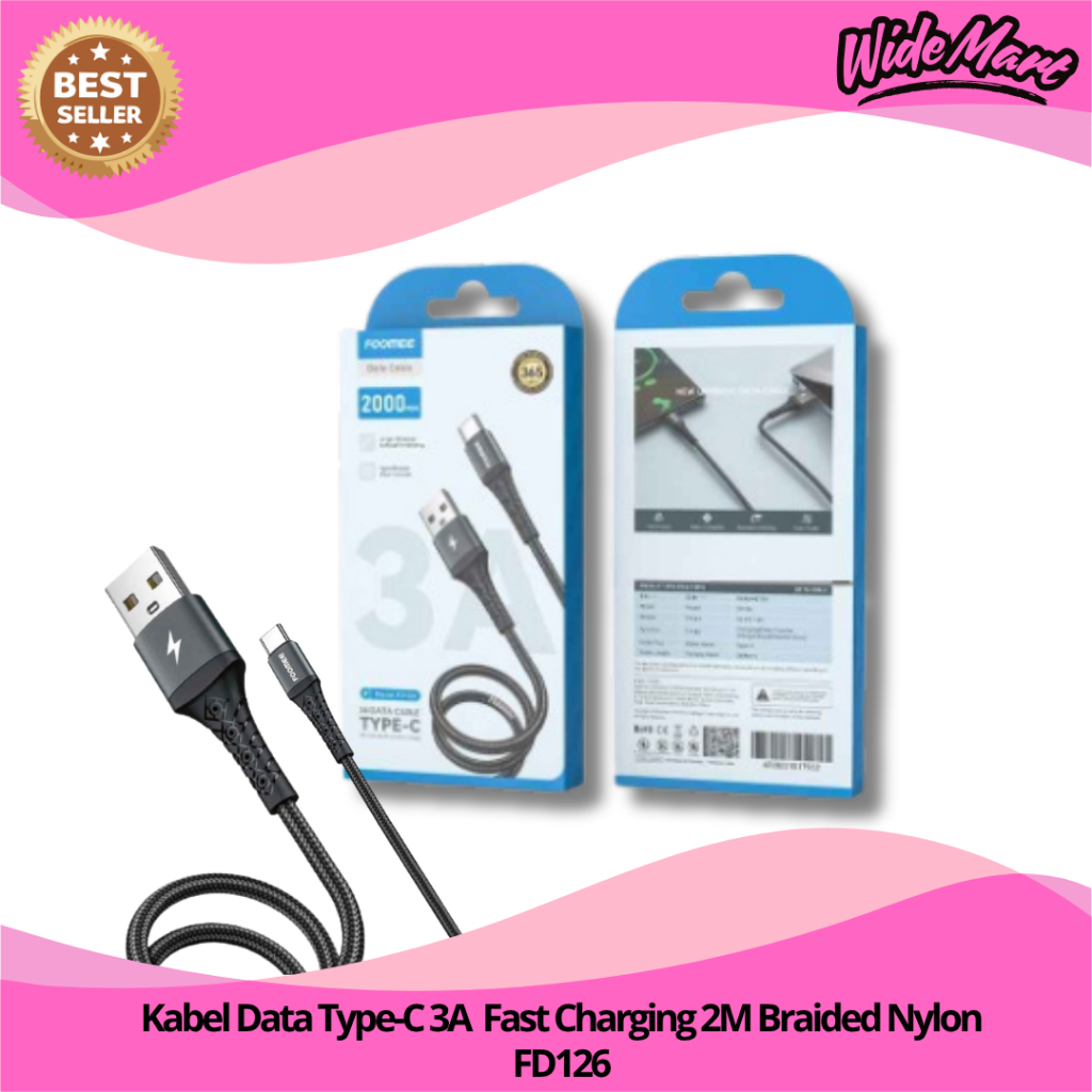 Foomee Data Cable Type-C 3A Fast Charging 2M Braided Nylon / Kabel Data Type-C Fast Charging FD126