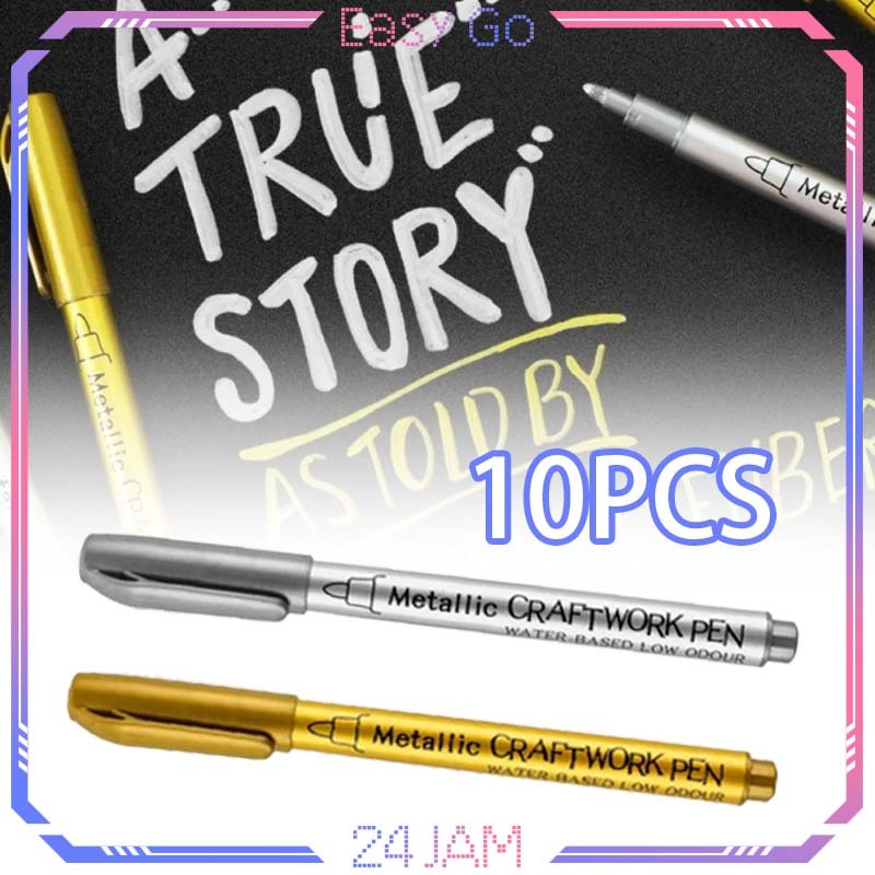 10pcs Spidol Emas Dan Silver Tahan Air Spidol Warna Gold Permanen Sorotan Kepala Lembut Spidol Tinta