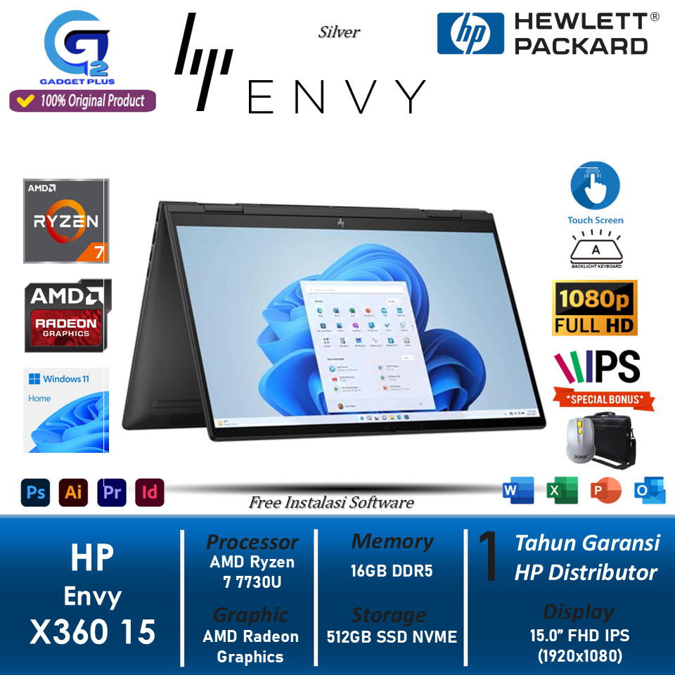 Laptop 2in1 HP Envy X360 15 Ryzen 7 7730U RAM 16GB 512GB FHD IPS Touch Win11Home
