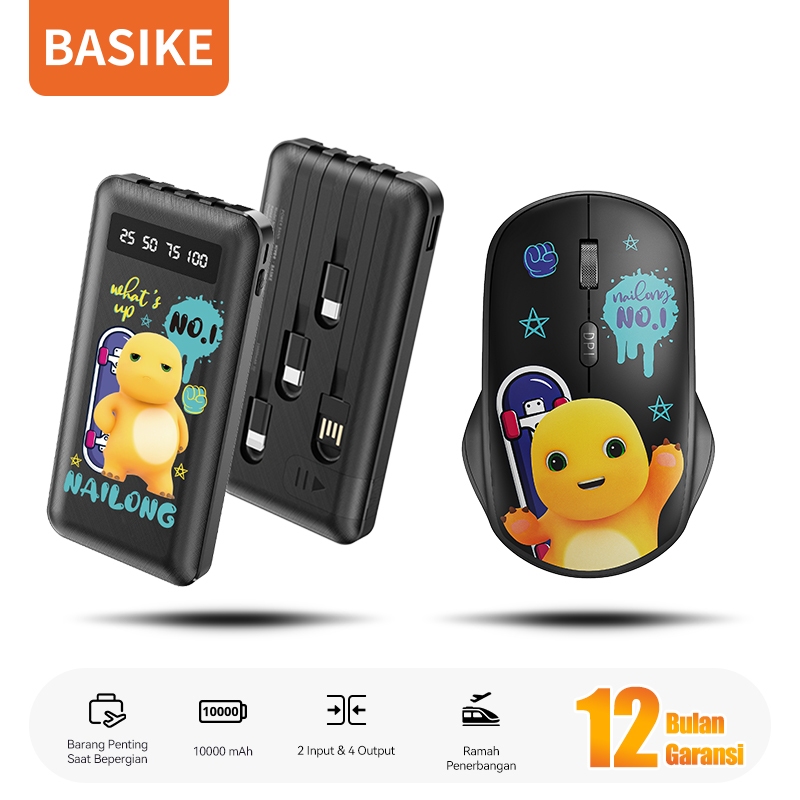 BASIKE Powerbank Fast Charging 10000 mAh 2 Input 4 Output with Kabel Data Lightning Type C Micro USB