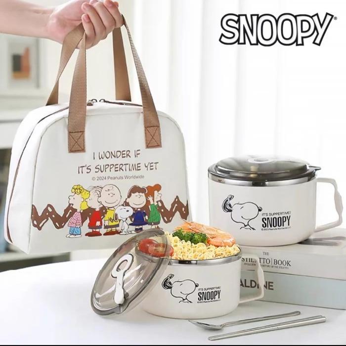 Mangkuk Mie + Tas Bekal Snoopy ORI Peanuts Set Mie Cup Stainless Kotak Makan Kotak Bekal Nasi Salad 