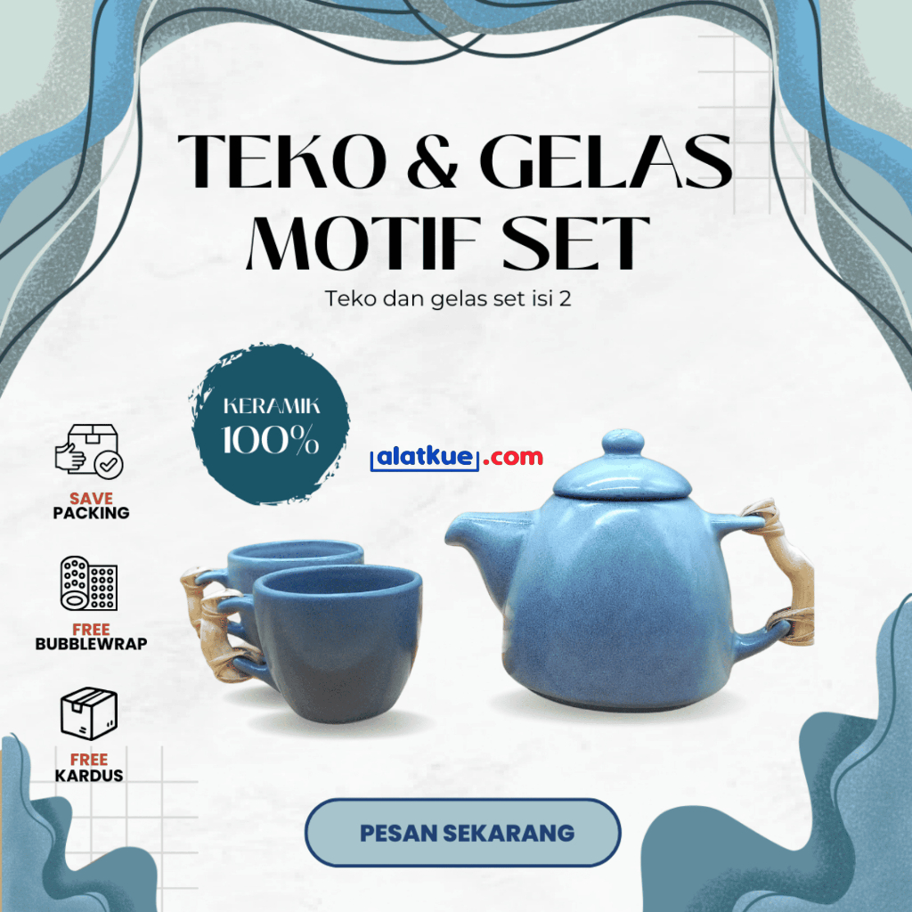 Set Teko & Gelas Keramik Motif Biru Gradasi Premium