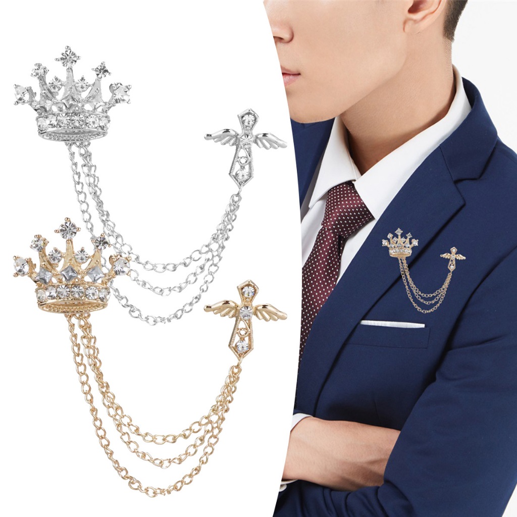 Bros Salib Mahkota Bros Pin Rantai jas Rumbai Desain Bintang Snowflake Gaya Korea Untuk Pria