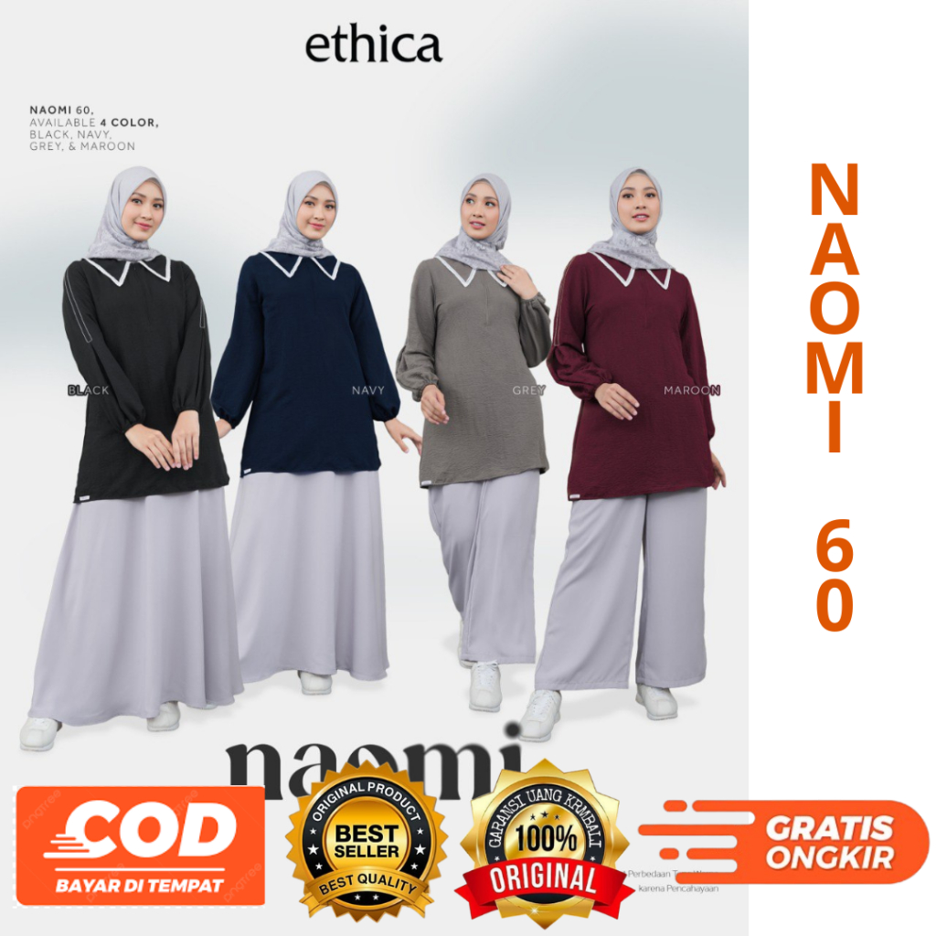 NEW NAOMI 60 BLACK, GREY, MAROON DAN NAVY TUNIK DAILY WANITA DEWASA 2025 BY ETHICA ORIGlNAL