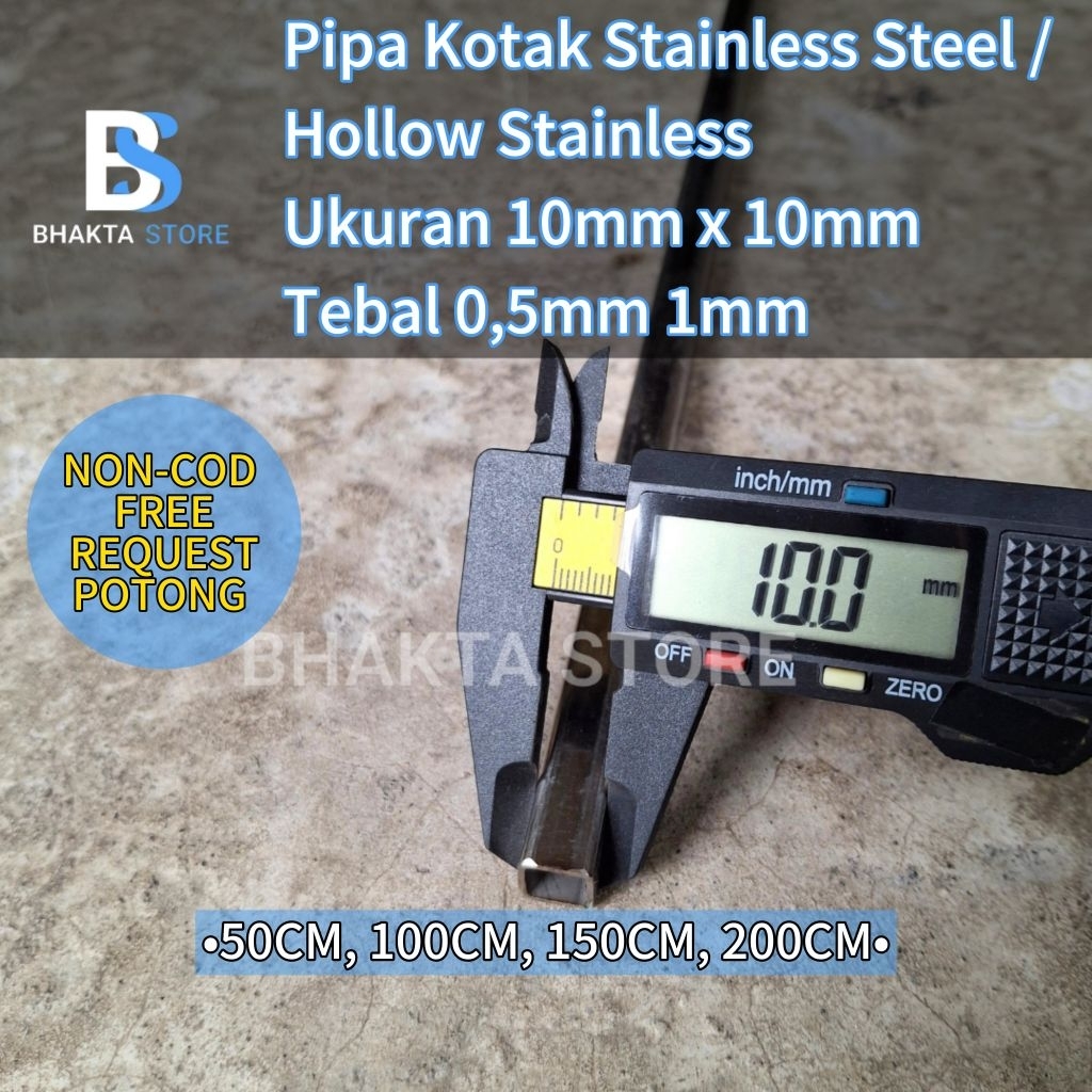 Pipa Kotak Hollow Stainless Steel 10x10mm Tebal 0,5mm 1mm Panjang 50cm 100cm 150cm 200cm