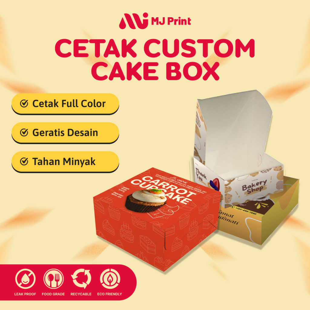 Cetak Custom Cake Box – Free Design | Kotak Kue / Packaging Kue Ivory 270gr Premium | Min. Order 100