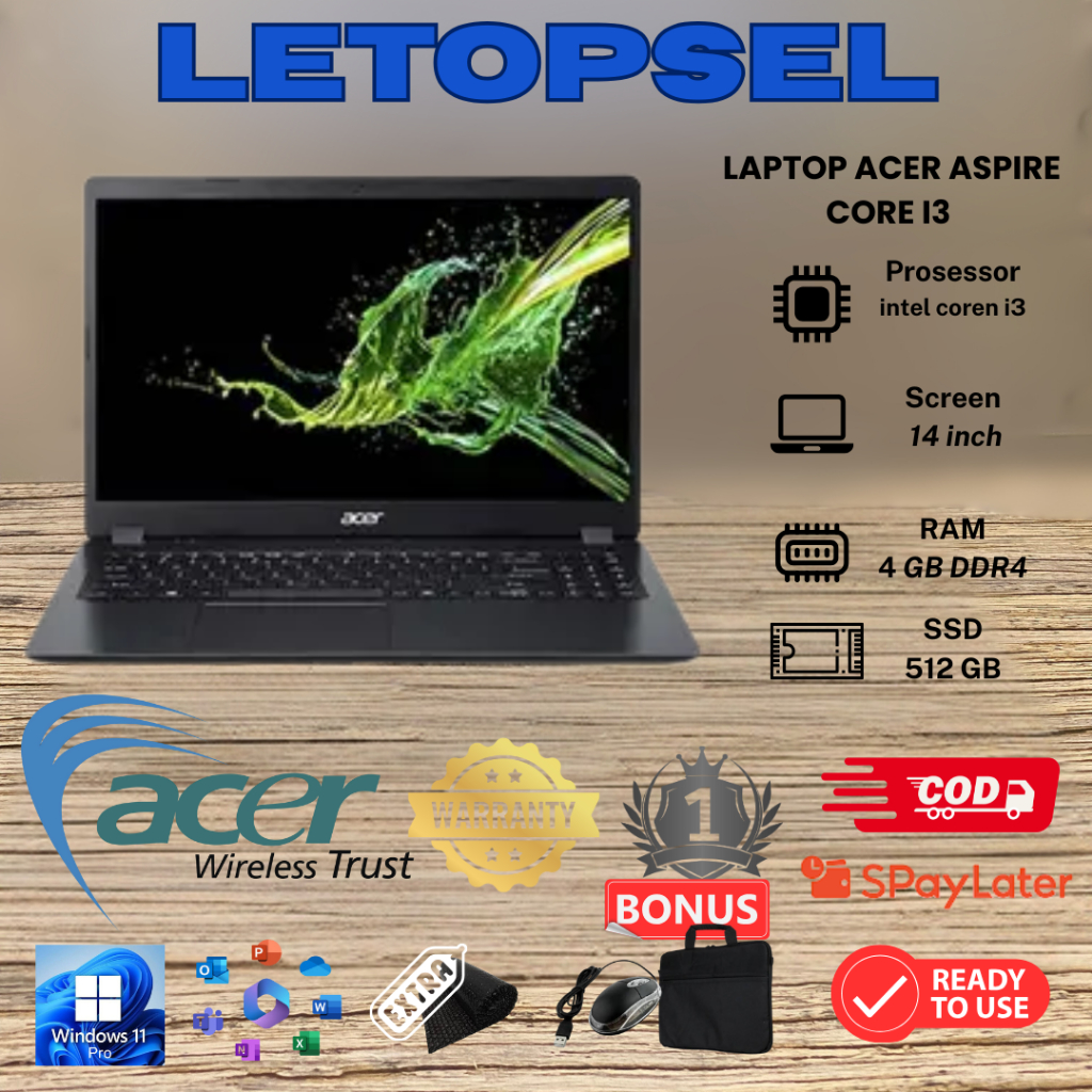 LAPTOP Acer Aspire Core i3/ RAM 4GB /512 SSD BONUS TAS LAPTOP & MOUSE