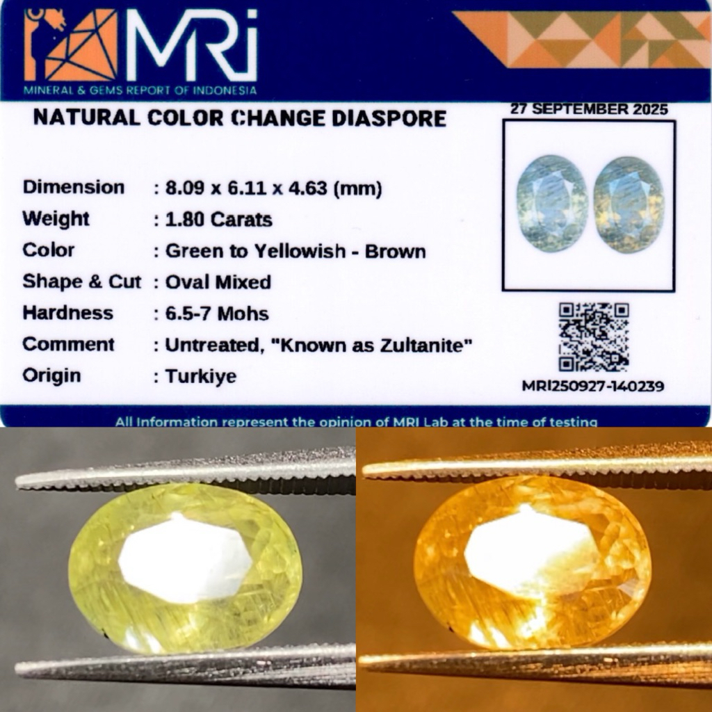 1,80 cts Natural Zultanite Color Change Diaspore origin Turkiye No Treatment Memo MRI
