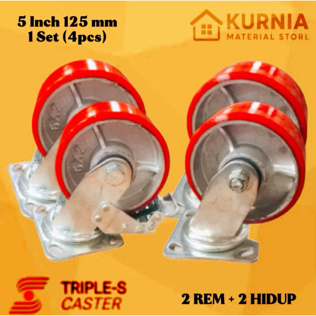 (4 pcs) Roda Troli 5 inch 125 mm PU Heavy Duty ( 2 Rem + 2 Hidup)