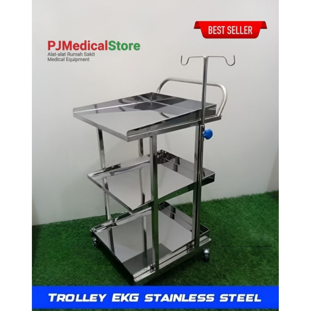 Trolley EKG STAINLESS Alat Medis Dengan TIANG INFUS Roda