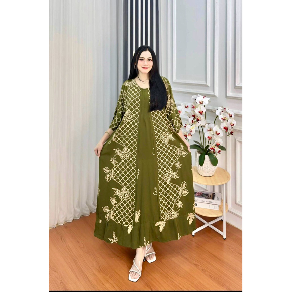 DRESS RAJUT JUMBO LENGAN 3/4 DRES WANITA BUSUI DRES RAYON JUMBO DRESS BUMIL RESLETING DEPAN LD 130CM