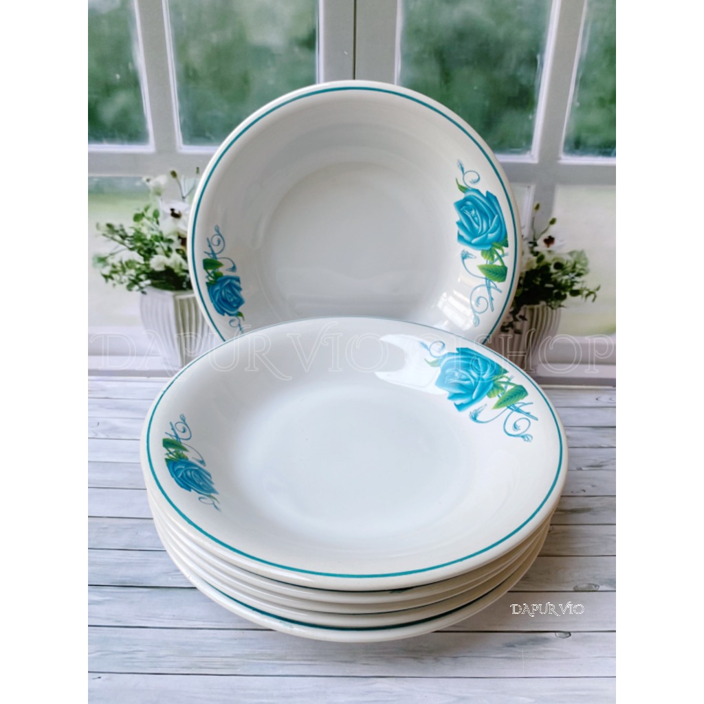3 PCS PIRING BULAT KERAMIK MOTIF BUNGA HIJAU TOSCA DIAMETER 9 INCHI / 23 CM PIRING MAKAN BULAT KERAM