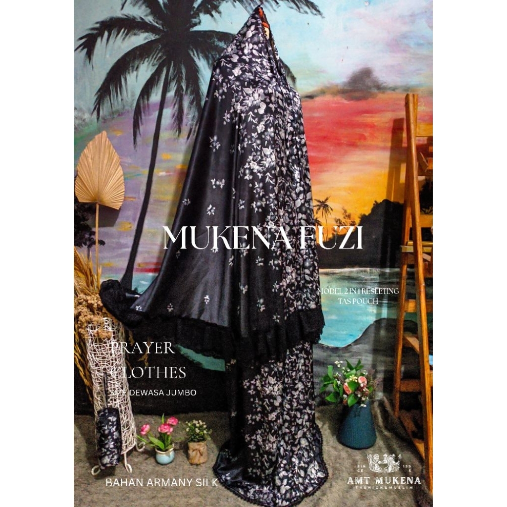 ALEETHA - FUZI SERIES| Mukena Fuzi Series Warna Hitam Putih Armany Silk Motif 2in1 Resleting Renda S
