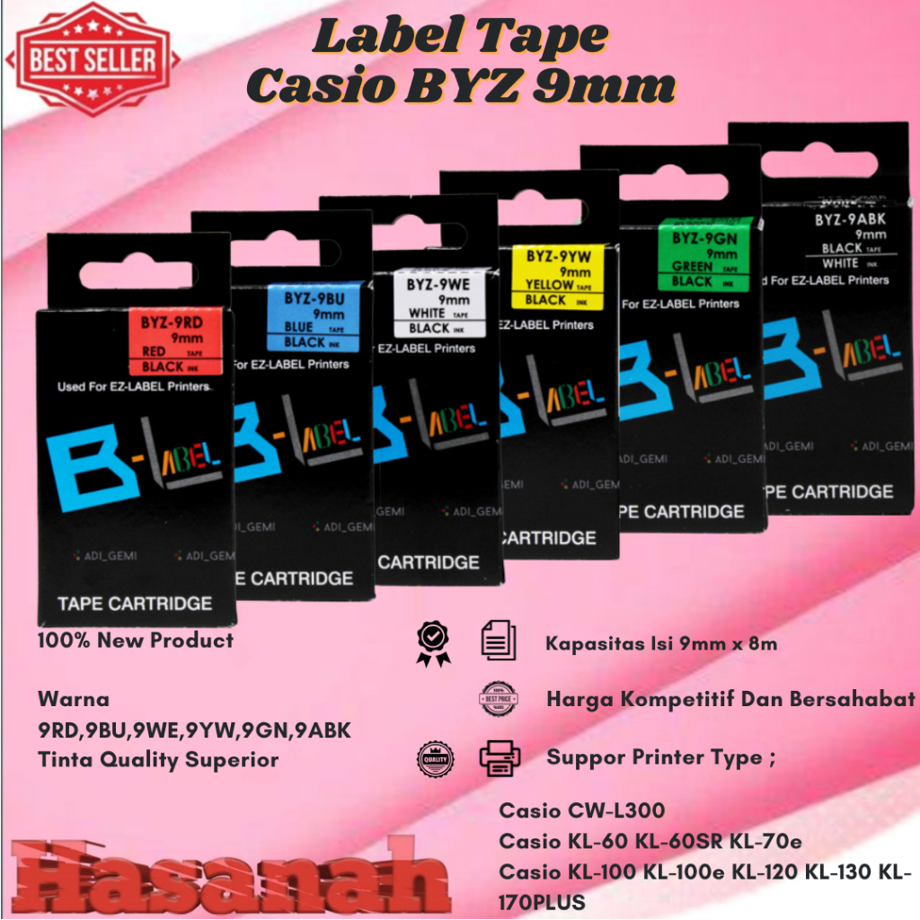 Compatible TAPE Cartridge CASIO BYZ 9RD,9BU,9WE,9YW,9GN,9ABK (9mm X 8m) For Casio KL-60 KL-60SR KL-7