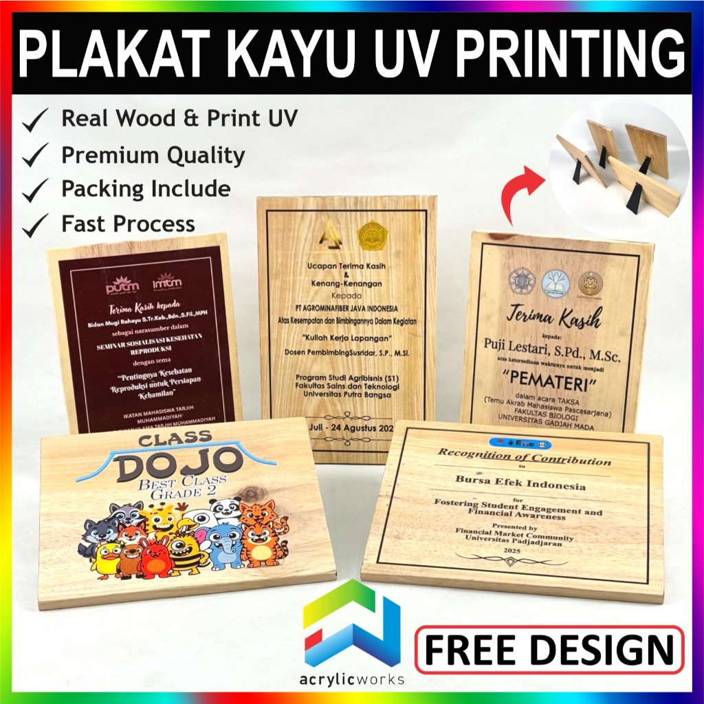 PLAKAT KAYU JATI BELANDA UV PRINT PREMIUM TROPHY WISUDA PENGHARGAAN SUVENIR CUSTOM BEBAS MURAH CEPAT