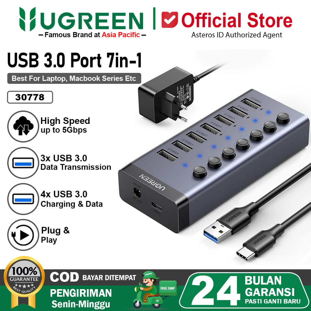 UGREEN HUB USB 3.0 Splitter 7 IN 1 LED 12V Charging & Transfer 90307