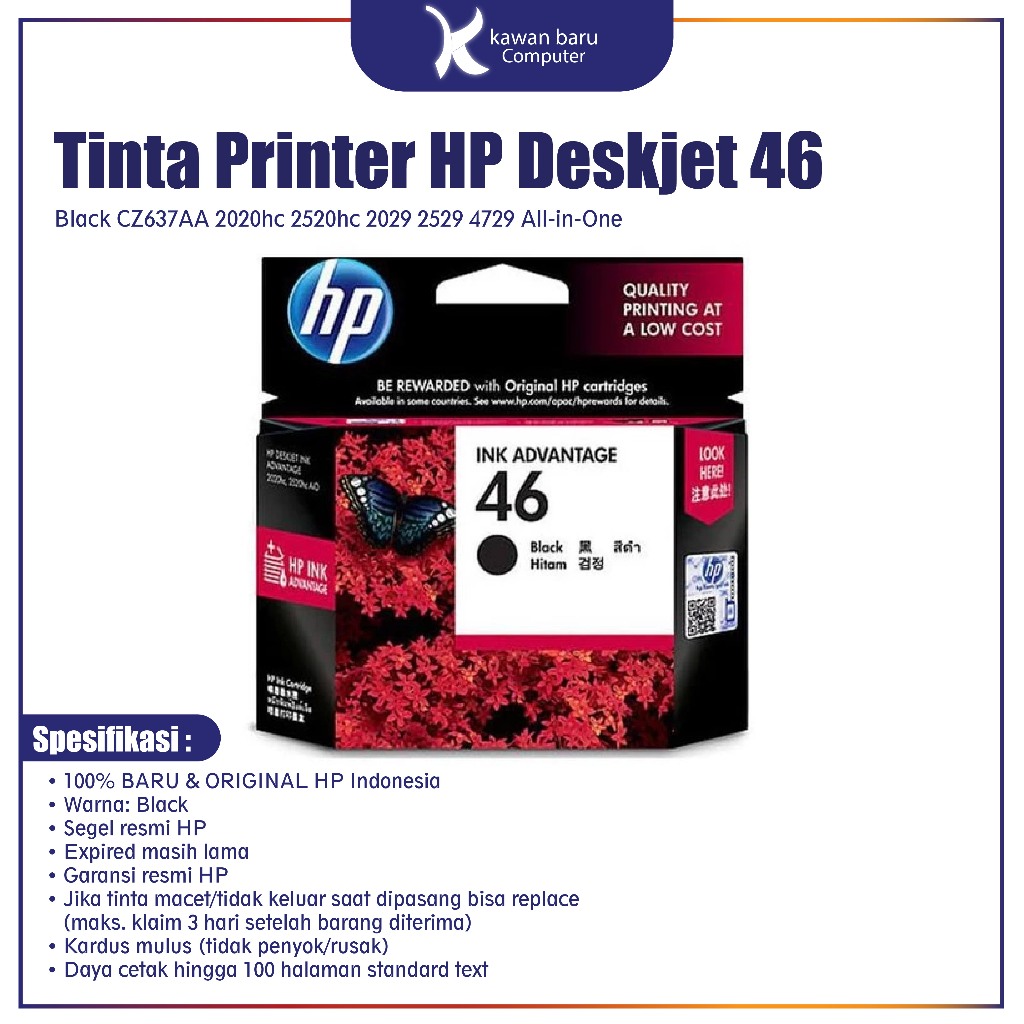 Tinta Printer HP Deskjet 46 Black CZ637AA 2020hc 2520hc 2029 2529 4729 All-in-One