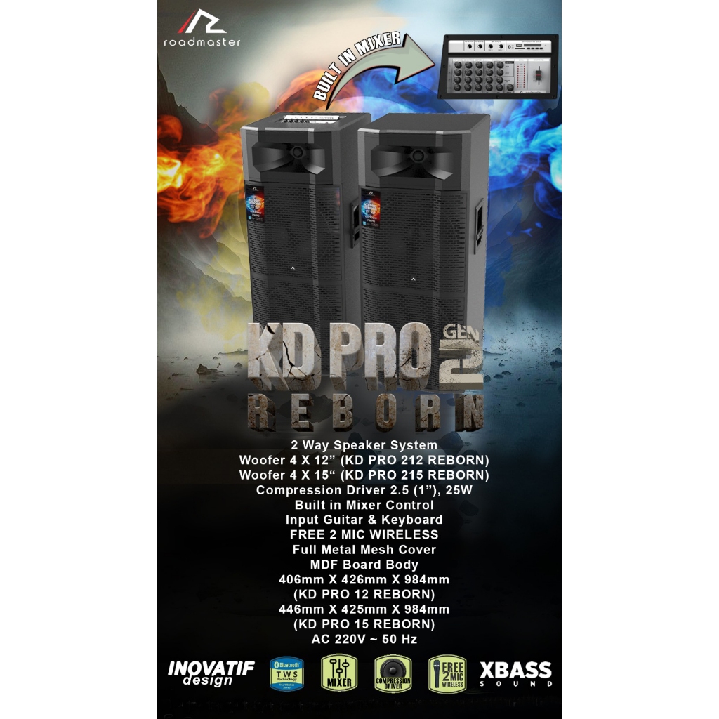 TWS Bluetooth Speaker Aktif Roadmaster KD PRO REBORN Series ( 215 Gen2 dan 212 Gen2 ) - Free 2 Mic W