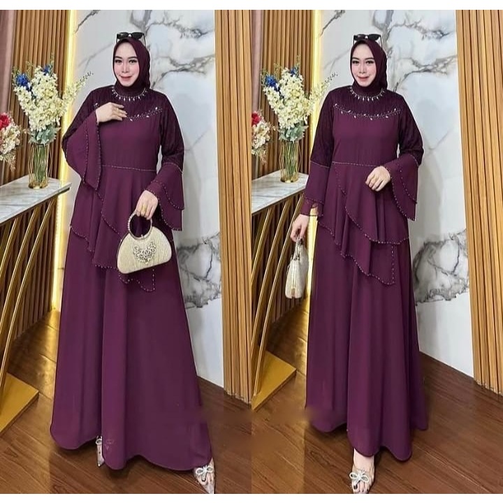 Dara Dress Ceruti Babydoll Mix Brokat Premium Gamis Mahogany Model Baru Baju Gamis Lebaran 2026